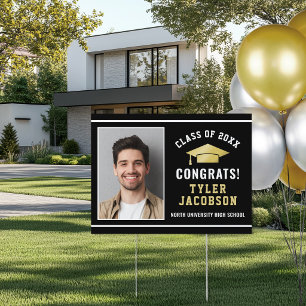 Congrats Modern Black Gold Custom Photo Graduation Sign