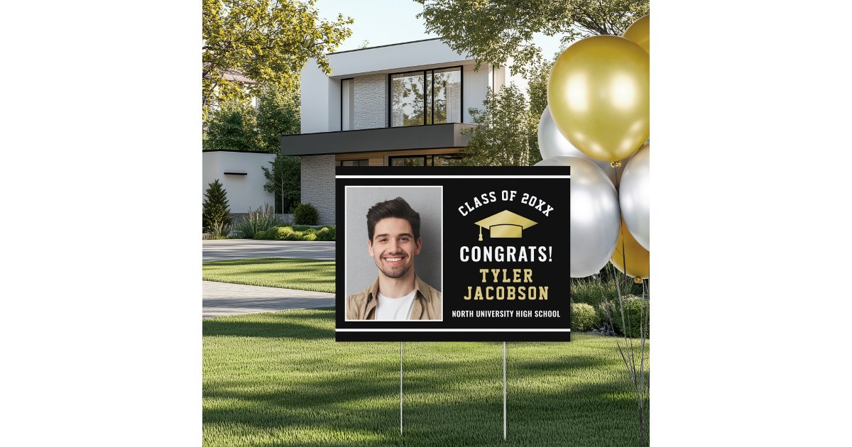 Congrats Modern Black Gold Custom Photo Graduation Sign | Zazzle
