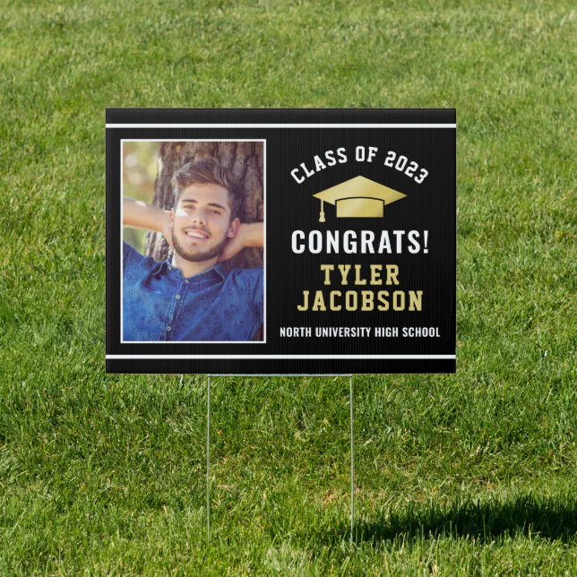 Congrats Modern Black Gold Custom Photo Graduation Sign | Zazzle