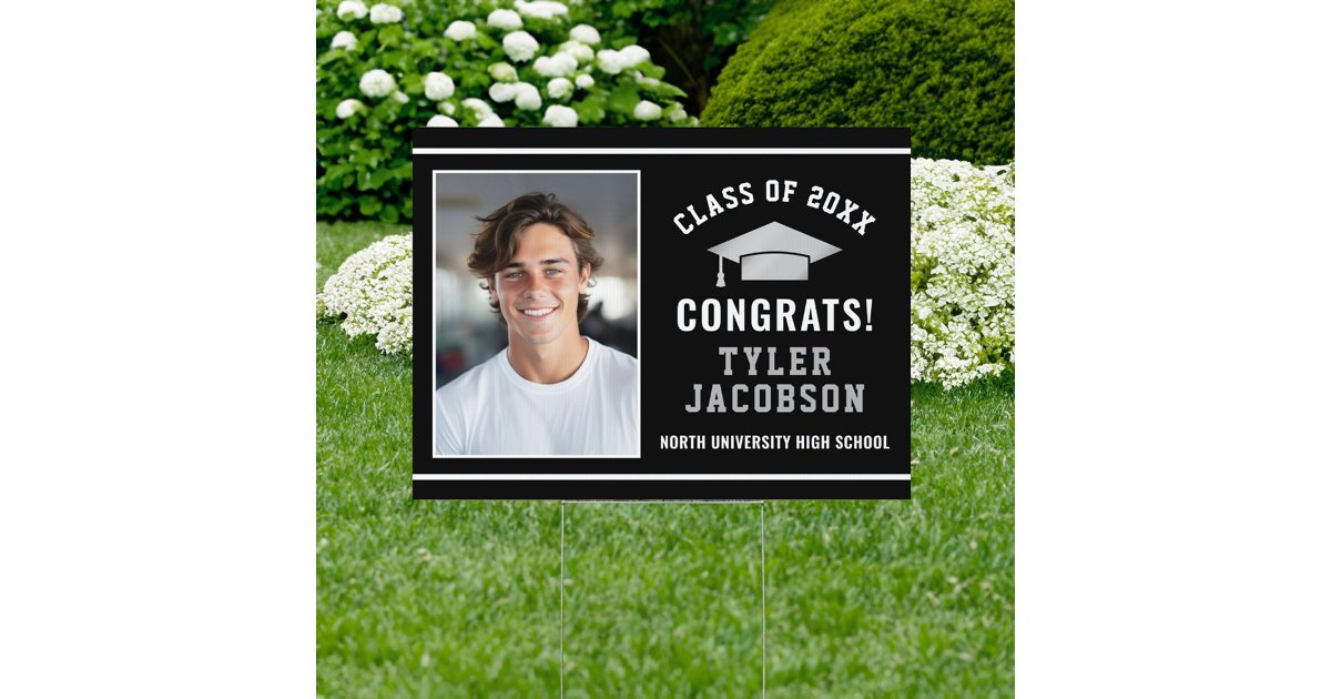 Congrats Modern Black Silver Photo Graduation Sign | Zazzle