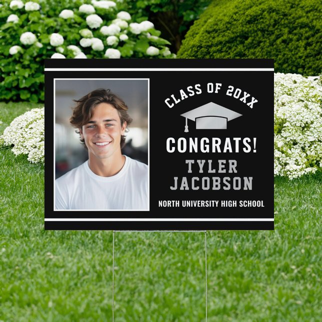 Congrats Modern Black Silver Photo Graduation Sign (Creator Uploaded)