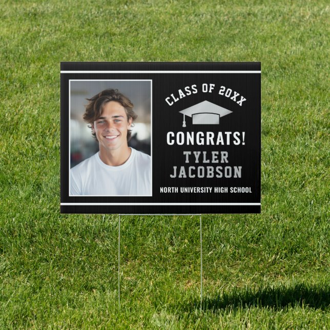 Congrats Modern Black Silver Photo Graduation Sign (Insitu)