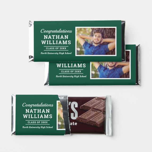 Congrats Modern Green Custom Graduation Photo Hershey Bar Favors (Front)