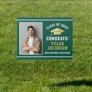Congrats Modern Green Gold Custom Photo Graduation Sign