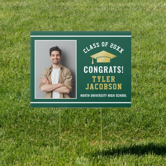 Congrats Modern Green Gold Custom Photo Graduation Sign (Insitu)