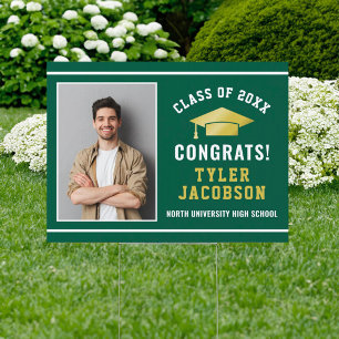 Congrats Modern Green Gold Custom Photo Graduation Sign