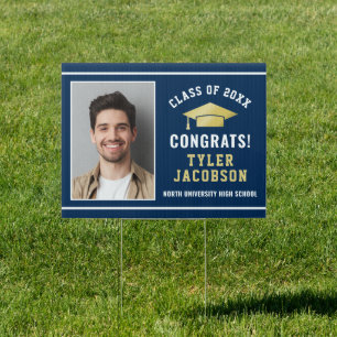 Congrats Modern Navy Gold Custom Photo Graduation Sign
