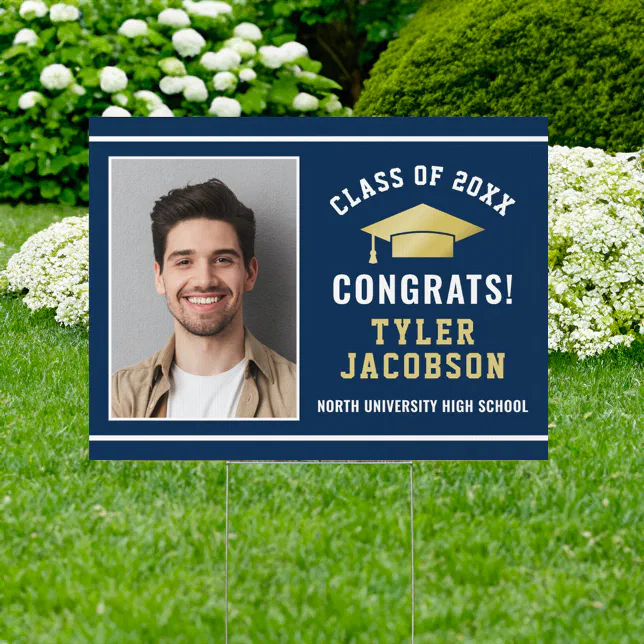 Navy Grad Sign Congrats Modern Navy Gold Custom Photo Graduation Sign | Zazzle