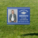 Congrats Modern Royal Blue Custom Photo Graduation Sign<br><div class="desc">Custom graduation announcement yard sign features a royal blue,  white,  and silver personalized design for the graduate with a graduation photo,  grad cap,  and custom text for their name and class year. The royal blue background color can be modified to coordinate with your school or party colors.</div>