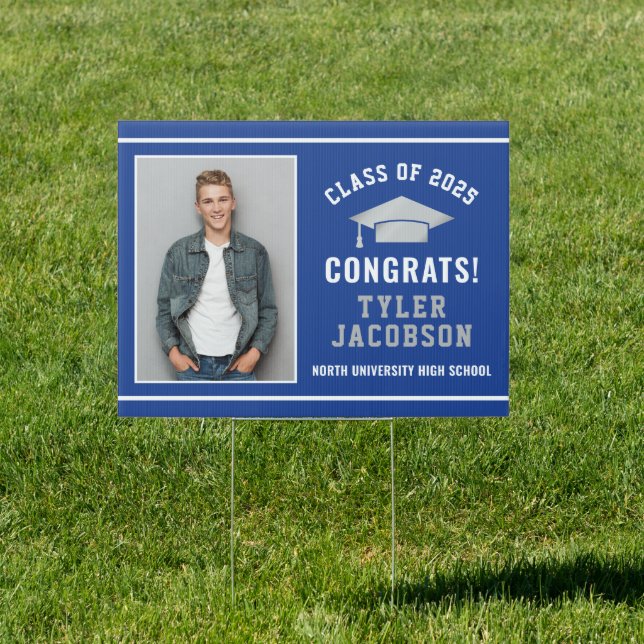 Congrats Modern Royal Blue Custom Photo Graduation Sign (Insitu)