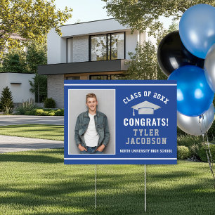Congrats Modern Royal Blue Custom Photo Graduation Sign