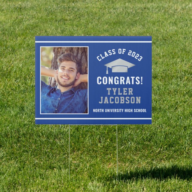 Congrats Modern Royal Blue Custom Photo Graduation Sign