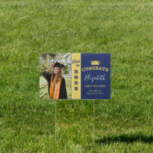 Congrats Modern Stylish Navy Blue Photo Graduation Sign