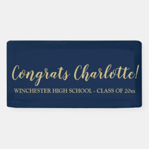 Congrats navy blue gold custom script graduation banner