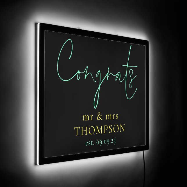 Congrats Newlyweds Name Date Yellow Green Black LED Sign (Angle)