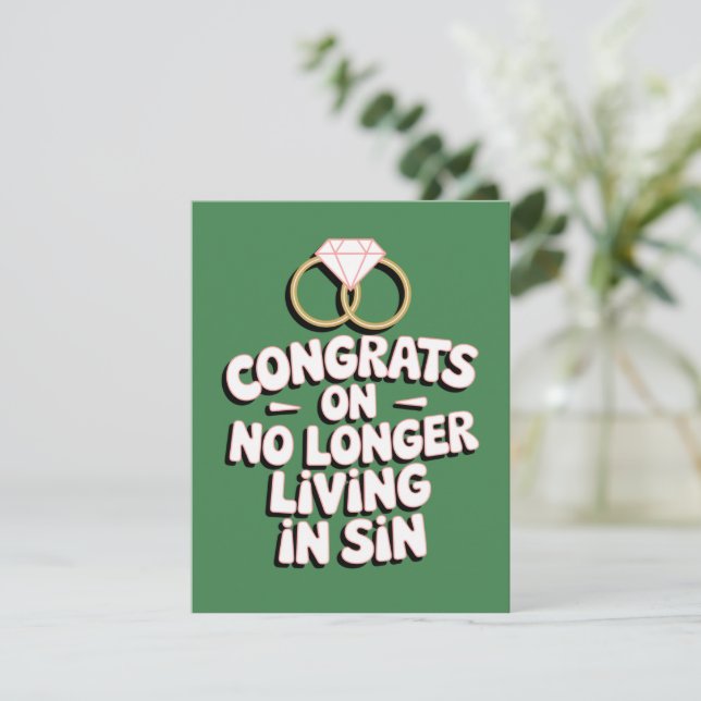 Congrats On No Longer Living In Sin Funny Wedding  Holiday Card (Standing Front)