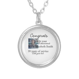 Congrats on your retirement add photo name date mi silver plated necklace