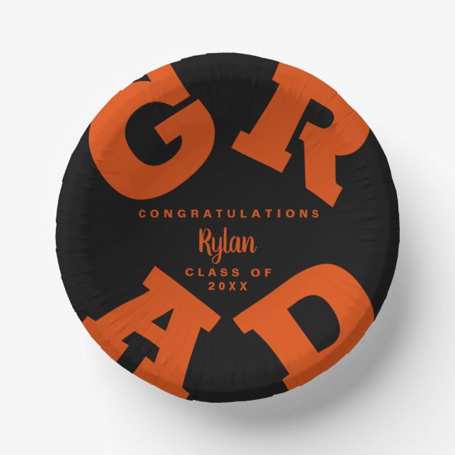 Congrats Orange on Black Graduation Paper Bowls (Front)