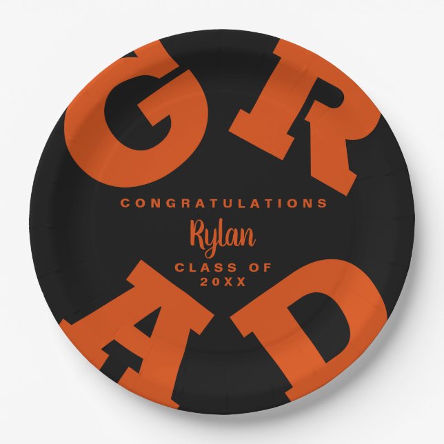 Congrats Orange on Black Graduation Paper Plates (Front)