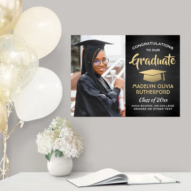 Congrats Photo Brushed Black and Gold Graduation Poster | Zazzle