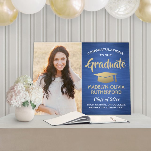 Congrats Photo Brushed Blue Gold White Graduation Foam Board (Creator Uploaded)
