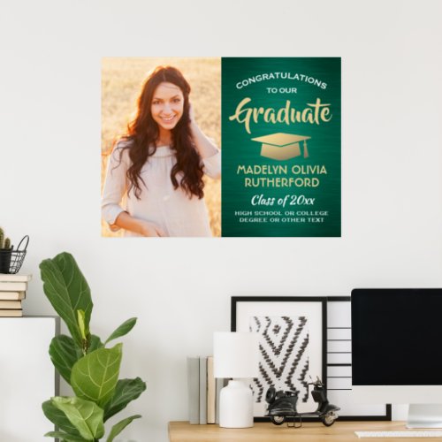 Congrats Photo Brushed Green Gold White Graduation Poster