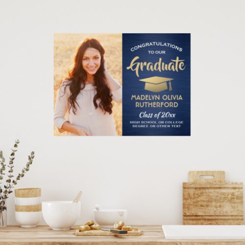Congrats Photo Brushed Navy Gold White Graduation Poster