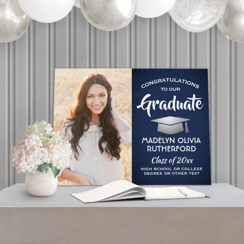 Congrats Photo Navy Blue White  Silver Graduation Foam Board