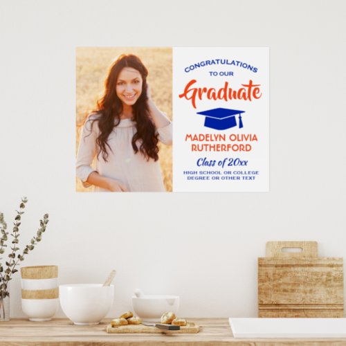 Congrats Photo Orange Blue and White Graduation Poster