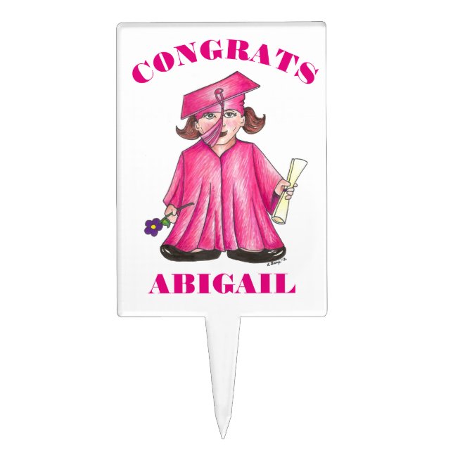 CONGRATS! Pink Graduation Girl Cap Gown Diploma Cake Topper (Front)