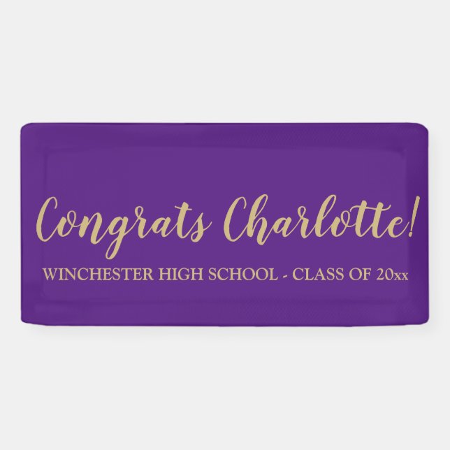 Congrats purple gold custom script name graduation banner (Horizontal)