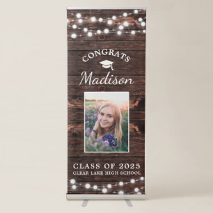 Congrats Rustic Wood String Light Graduation Photo Retractable Banner
