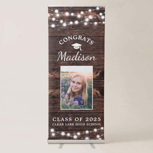 Congrats Rustic Wood String Light Graduation Photo Retractable Banner (Front)