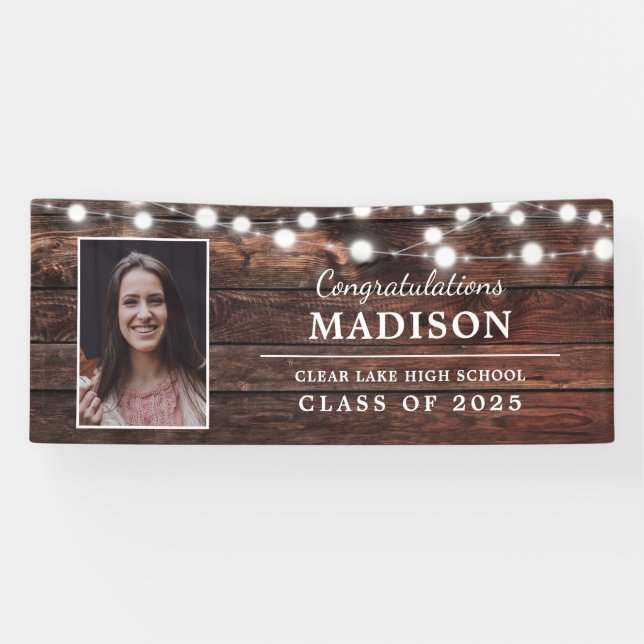 Congrats Rustic Wood String Lights Grad Photo Banner (Horizontal)