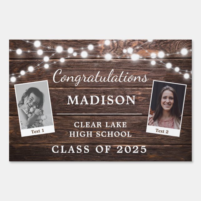 Congrats Rustic Wood String Lights Graduate Photo Sign (Front)
