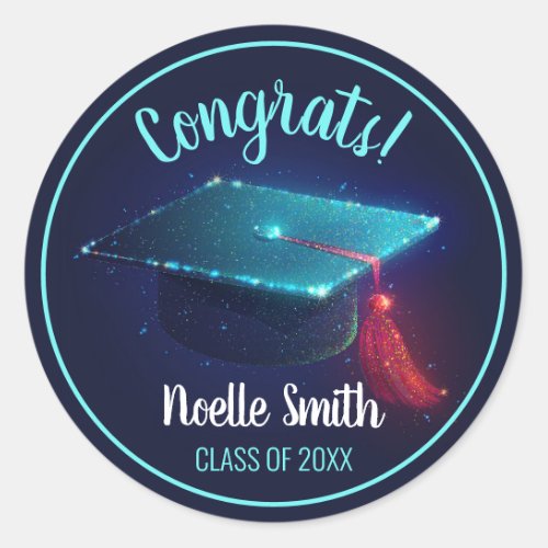 Congrats Sparkling Blue Graduation Cap Class of Classic Round Sticker