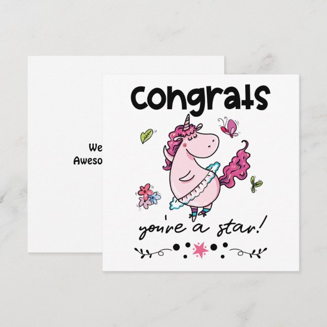 Congrats Star Cartoon Dancing Unicorn Humor Card (Front/Back)