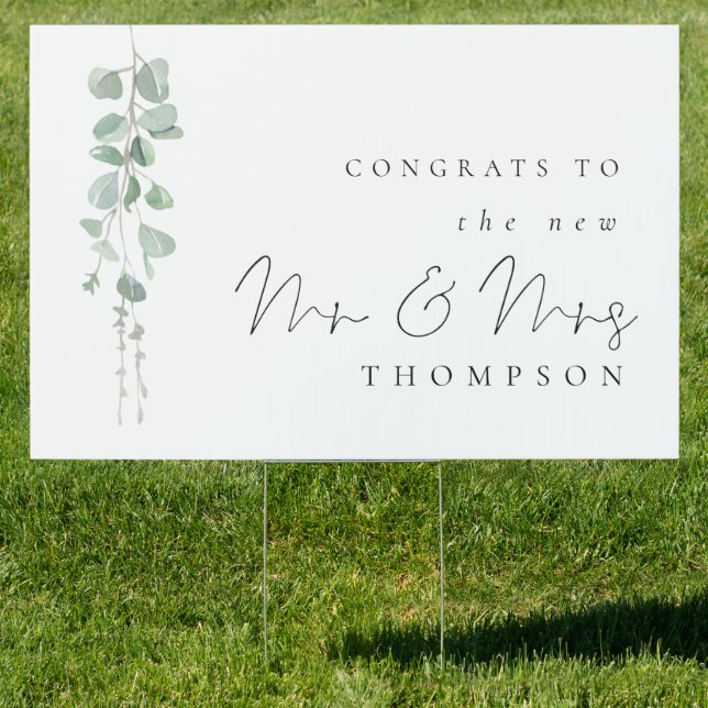Congrats to New Mrs Mrs Name Eucalyptus Wedding Sign (Insitu)