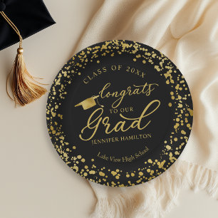 Congrats To Our Grad Gold Black Graduation Paper Plates