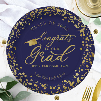 Congrats To Our Grad Gold Blue Graduation Paper Plates by StampsbyMargherita at Zazzle