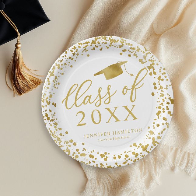 Congrats To Our Grad Gold White Graduation Paper Plates (Creator Uploaded)