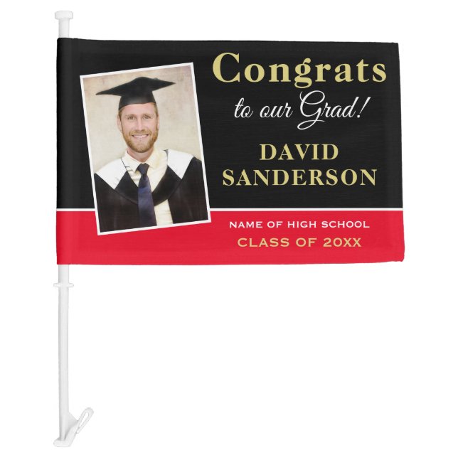 Congrats to our Grad Photo Name Red Black Car Flag (Front)