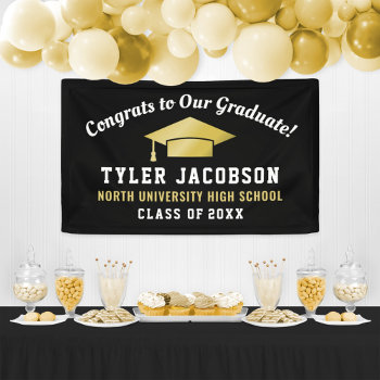 Congrats To Our Graduate Black And Gold Custom Banner by Plush_Paper at Zazzle