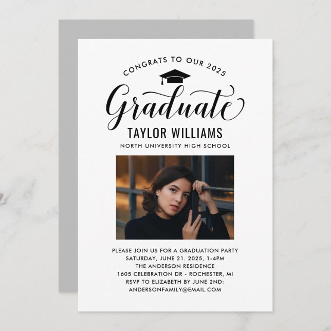 Congrats to Our Graduate Black Script Photo Invitation (Front/Back)