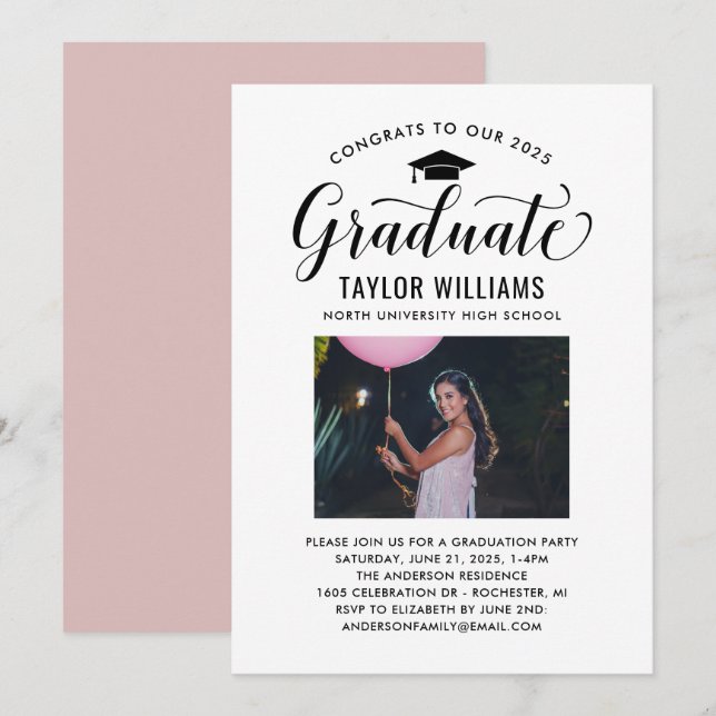 Congrats to Our Graduate Black Script Photo Invitation (Front/Back)