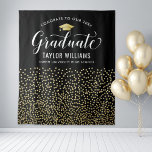 Congrats to Our Graduate Gold Confetti Party Tapestry<br><div class="desc">Elegant graduation party backdrop for photos features a gold colored grad cap, "Graduate" in script, and modern custom white text that can be personalized with the graduate's name and school. A pattern of gold falling confetti dresses up the black background - perfect party prop for guests to stand in front...</div>