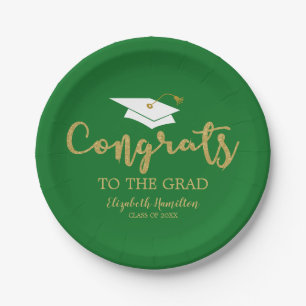 Congrats To The Grad Gold Glitter Graduation Green Paper Plates