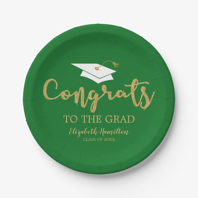 Congrats To The Grad Gold Glitter Graduation Green Paper Plates (Front)