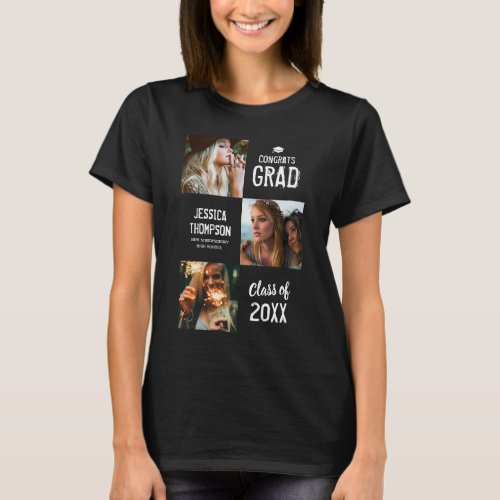 Congrats To The Grad Photo T-Shirt - Proud graduation t-shirt featuring 3 photos of the graduate, a mortarboard graduating cap, the saying "congrats grad", their name, school or college, and class year. Photo tip: Crop your photos into squares before uploading ensuring subject is in the center for best results.