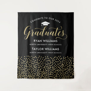 Congrats Two Graduates Black Gold Confetti Party Tapestry